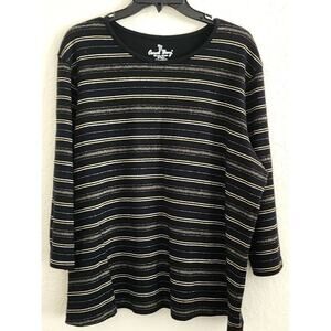 Top/Blouse-Coral Bay-Black Gold & Silver Metallic Stripes-3/4 Sleeves-PLUS 2X